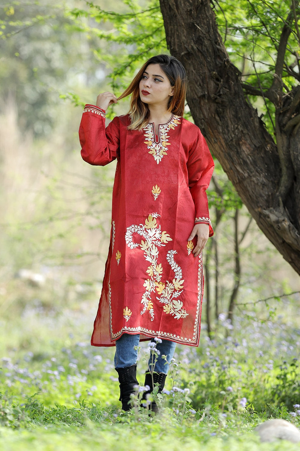 beautiful traditional maroon colour rayon silk kurti aari embroidery attractive wearer 999